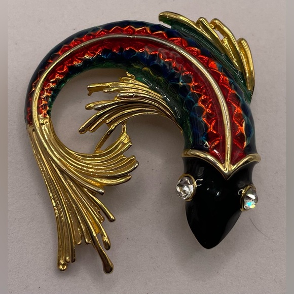 Vintage Koi Fish Gold Tone Red Blue Green Enamel Brooch Pin Clear Crystal Eyes - Picture 5 of 8